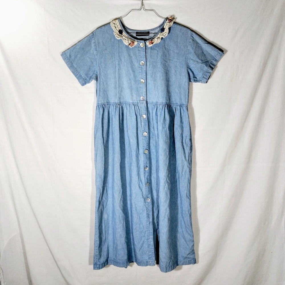 VTG 90's Chorus Blues Denim Dress Blue Floral Crochet Collar Cottagecore Granny